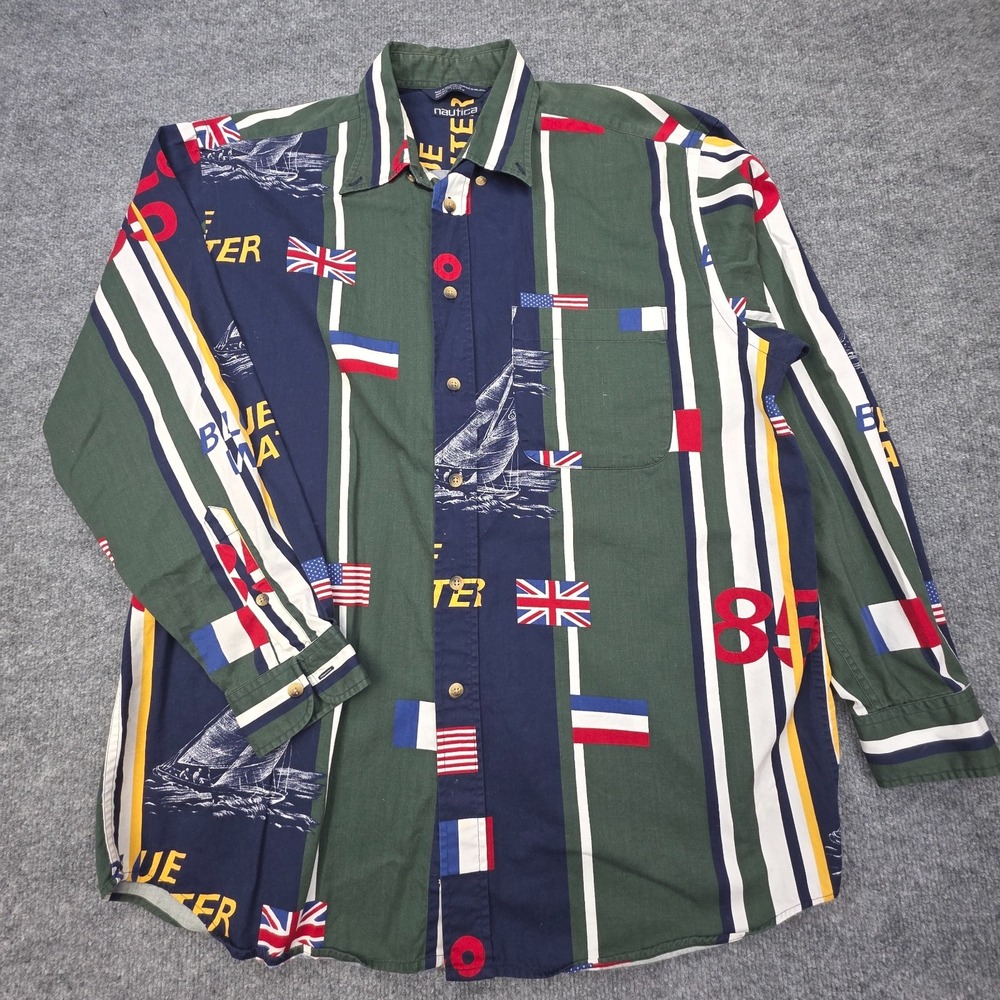 Vintage Nautica Graphic AOP Shirt Men's Large Striped Flags Nautical Button Up